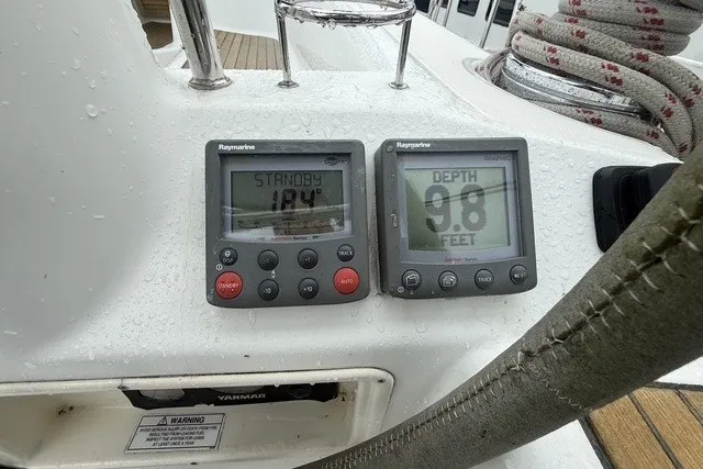 Slide: The Image of Beneteau Oceanis 46 yacht instruments displaying speed and depth readings, 2008 model. - 21