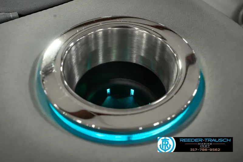 Slide: The Image of Stainless steel cup holder with blue LED light on 2025 Bennington L 25 Quad Bench Bowrider. - 49