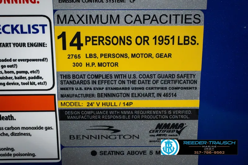Slide: The Image of Capacity label for 2025 Bennington L 25 Quad Bench Bowrider, 14 persons or 1951 lbs. - 64
