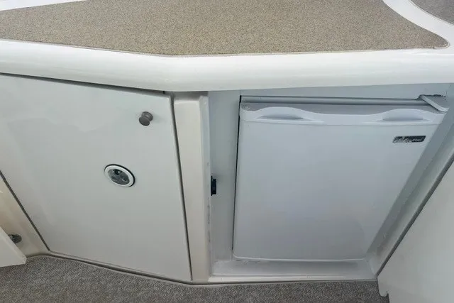 Slide: The Image of 2001 Cruisers Yachts 4270 Express interior with compact fridge and storage cabinet. - 15