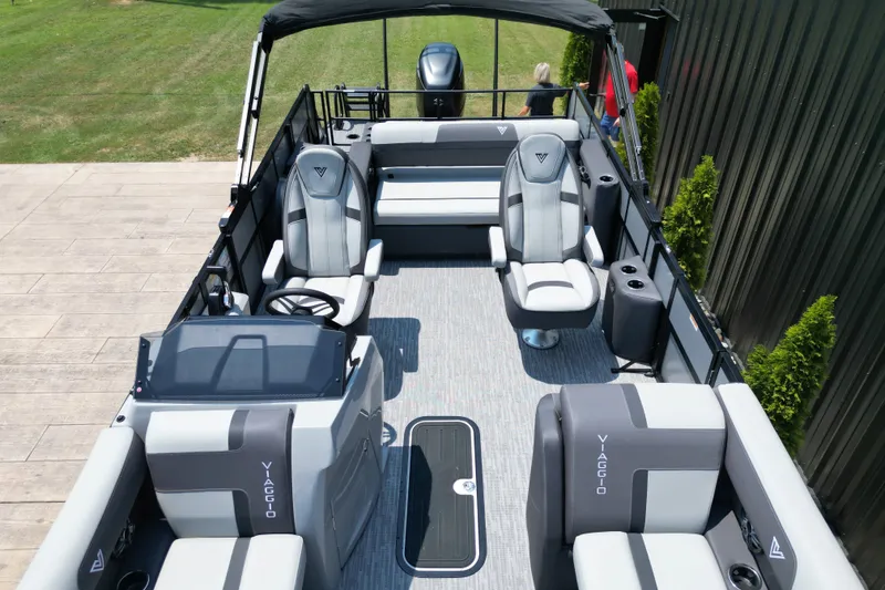 Slide: The Image of 2027 Viaggio Lago X-S 24 pontoon boat with modern seating and sleek design. - 14