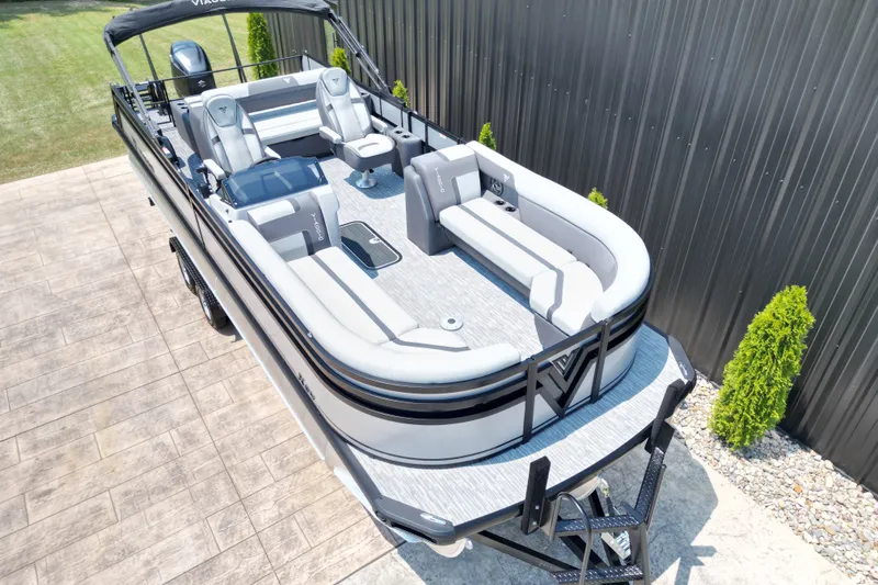 Slide: The Image of Viaggio Lago X-S 24 pontoon boat, 2027 model, featuring sleek design and spacious seating. - 15
