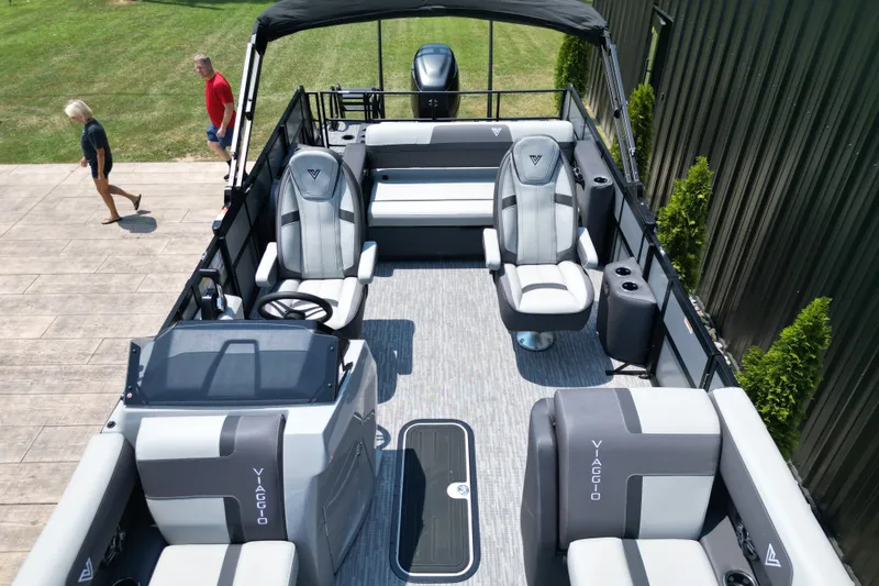 Slide: The Image of 2027 Viaggio Lago X-S 24 pontoon boat with modern seating and sleek design. - 13