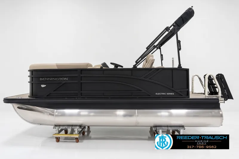 The Image of 2027 Bennington 168 SLJ Electric Series pontoon boat, side view, sleek black design. - 1