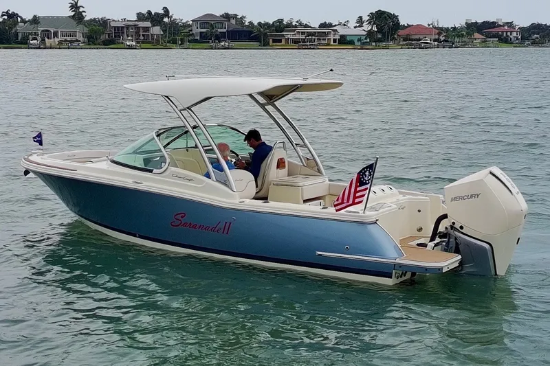 Slide: The Image of 2024 Chris-Craft Calypso 24 boat on water, featuring sleek design and American flag. - 5