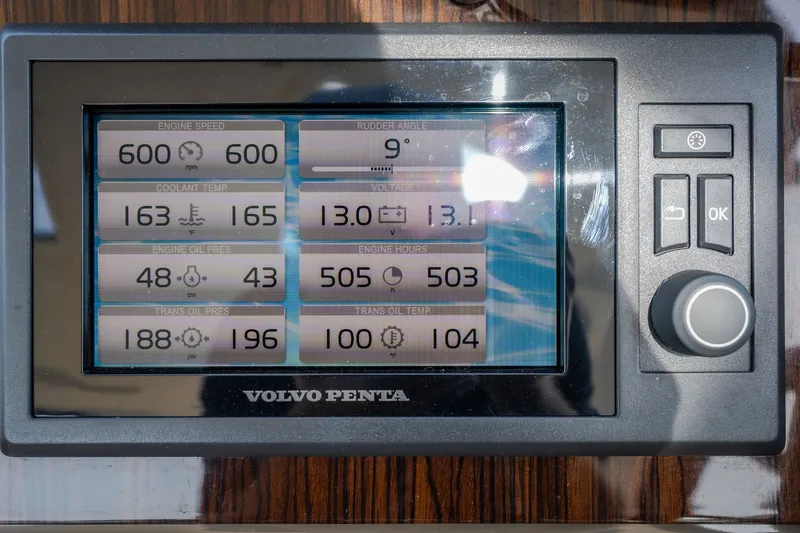 Slide: The Image of Volvo Penta engine display on 2012 Cruisers Yachts 380 Express, showing various performance metrics. - 24