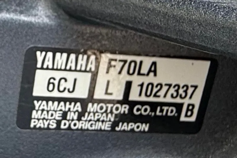 Slide: The Image of Yamaha F70LA engine label, model 6CJ, made in Japan, on Avalon Paradise Elite 2425. - 15