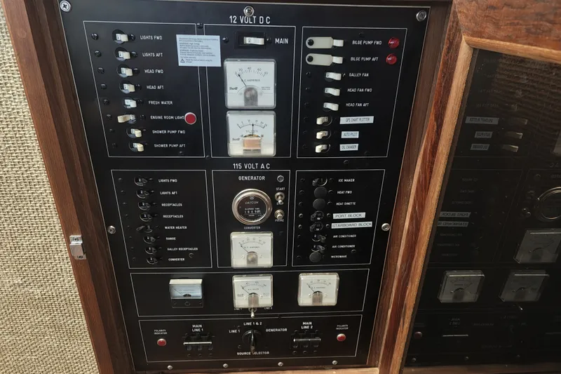 Slide: The Image of Electrical control panel with various switches and gauges, surrounded by wood paneling. - 13