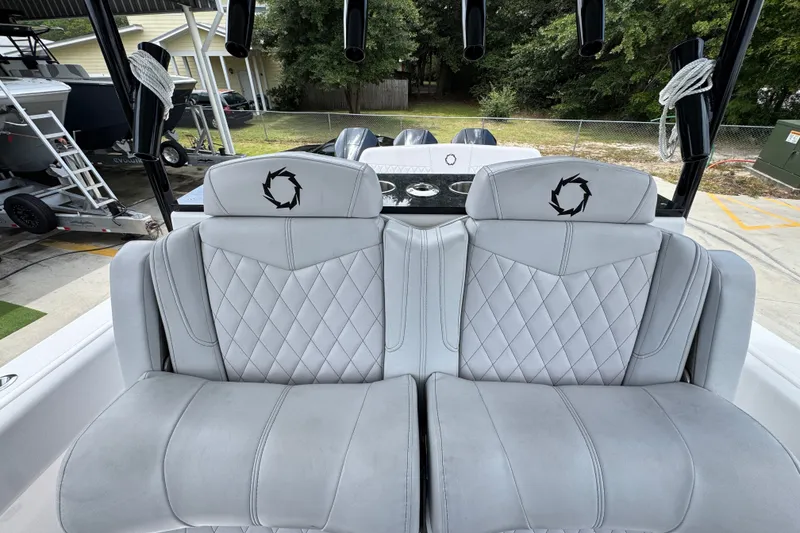 Slide: The Image of 2024 Fountain 34 Tournament Edition boat seats with diamond stitching and logo. - 33