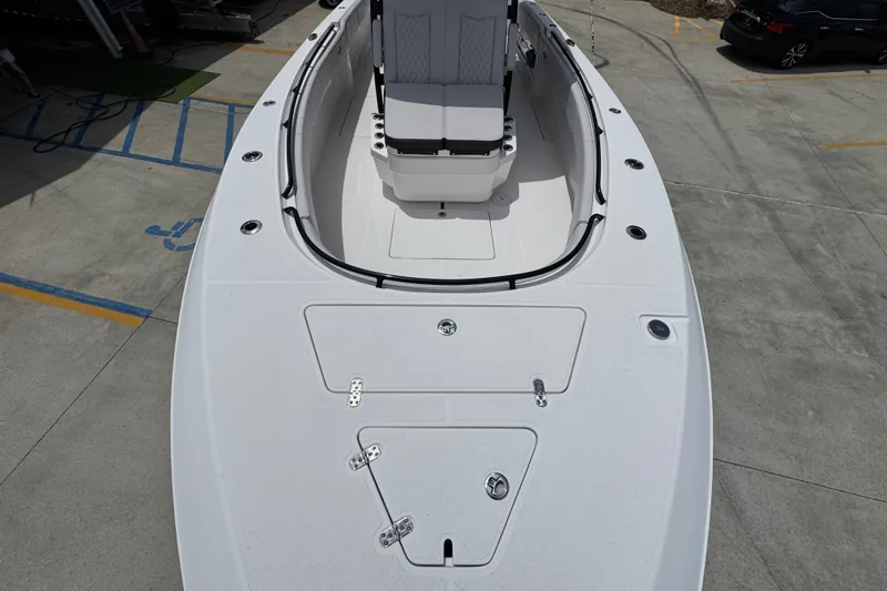 Slide: The Image of 2024 Fountain 34 Tournament Edition boat, top view, showcasing spacious deck and seating. - 25