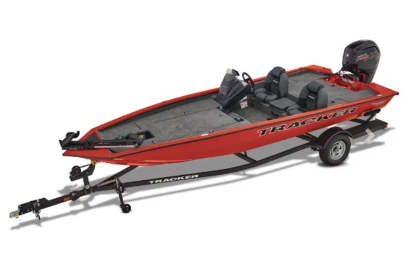 The Image of Red 2027 Tracker Pro Team 190 fishing boat on trailer, featuring dual seats and outboard motor. - 1