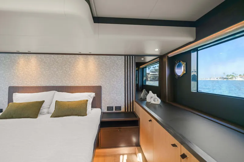 Slide: The Image of Luxurious bedroom interior of 2026 Absolute 52 Fly yacht with ocean view. - 46