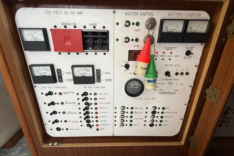 Slide: The Image of Control panel of a 1986 Sea Ray 410 Aft Cabin boat with various gauges and switches. - 51