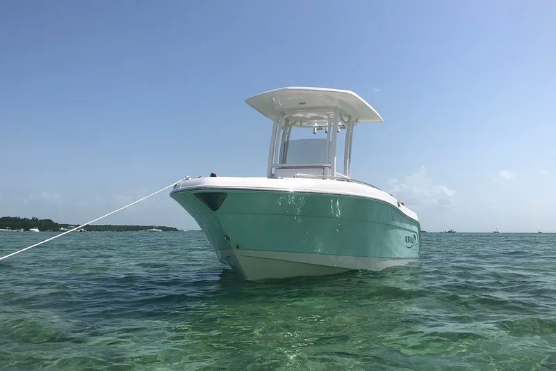 The Image of 2019 Robalo R222 Center Console boat anchored in clear turquoise water. - 1