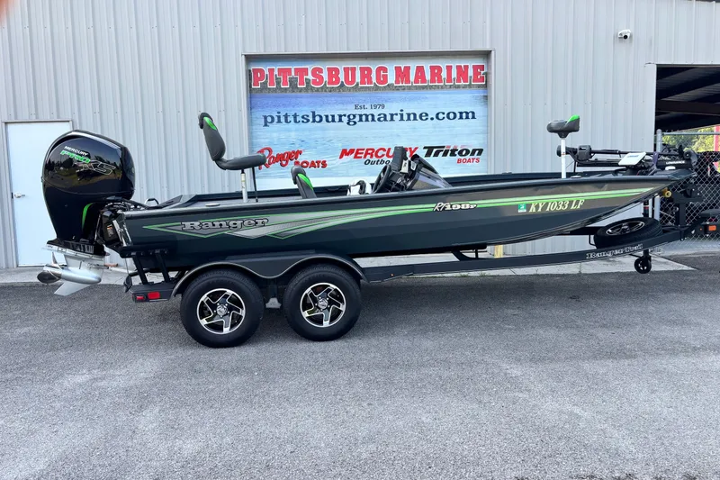 The Image of 2025 Ranger RT198P boat at Pittsburg Marine dealership, featuring dual seats and Mercury engine. - 0