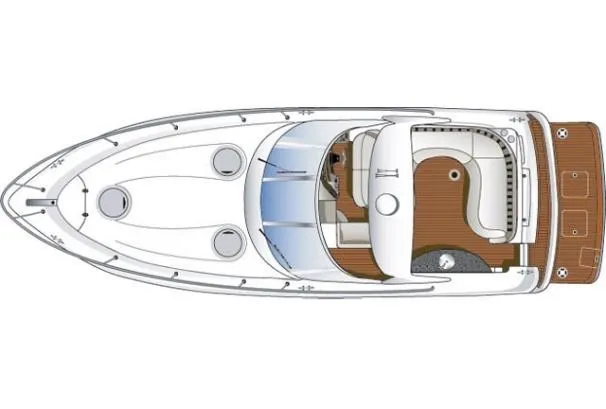Slide: The Image of Top view of a 2006 Four Winns 378 Vista with spacious cockpit and curved seating area. - 33
