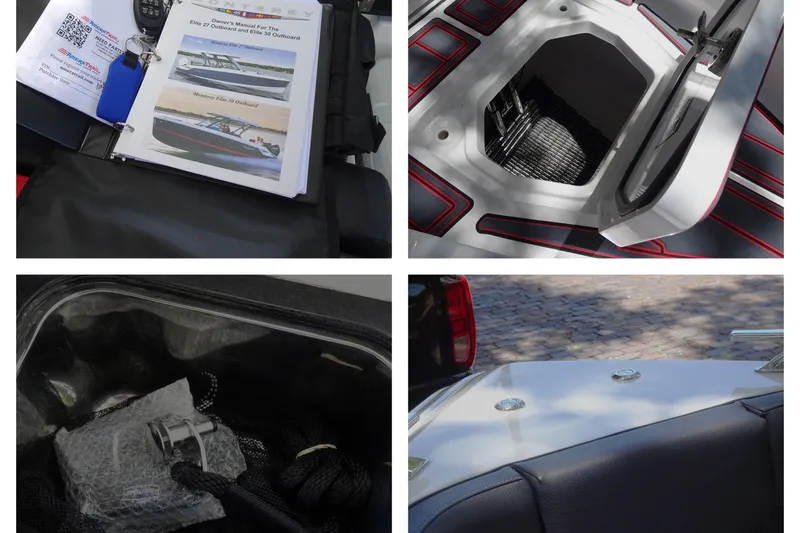 Slide: The Image of 2025 Monterey Elite 27 OB boat features, including manual, storage, and deck details. - 35