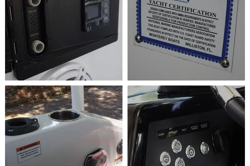 Slide: The Image of 2025 Monterey Elite 27 OB yacht features: control panel, certification, and safety warning details. - 33