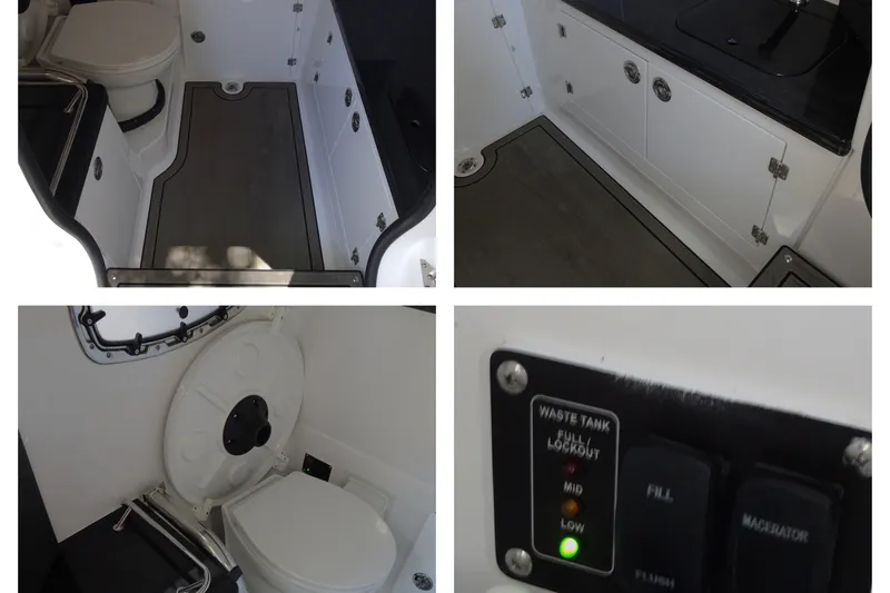 Slide: The Image of 2025 Monterey Elite 27 OB boat interior with toilet, storage, and waste tank controls. - 27