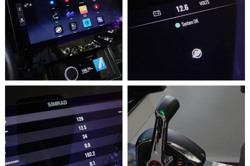 Slide: The Image of Dashboard and controls of 2025 Monterey Elite 27 OB boat, featuring digital displays and throttle. - 32