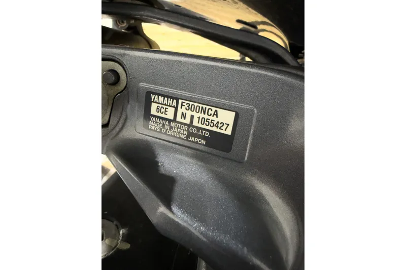 Slide: The Image of Yamaha F300NCA engine label on 2019 Crevalle 26 Bay boat, made in Japan. - 28