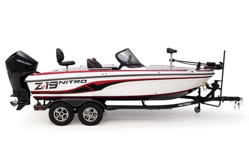 Slide: The Image of A 2019 Nitro ZV19 Pro boat on a trailer, featuring a Mercury outboard motor. - 11