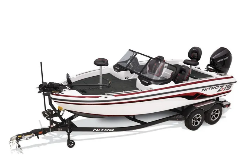 Slide: The Image of A white 2019 Nitro ZV19 Pro boat on a trailer, featuring black and red accents. - 10