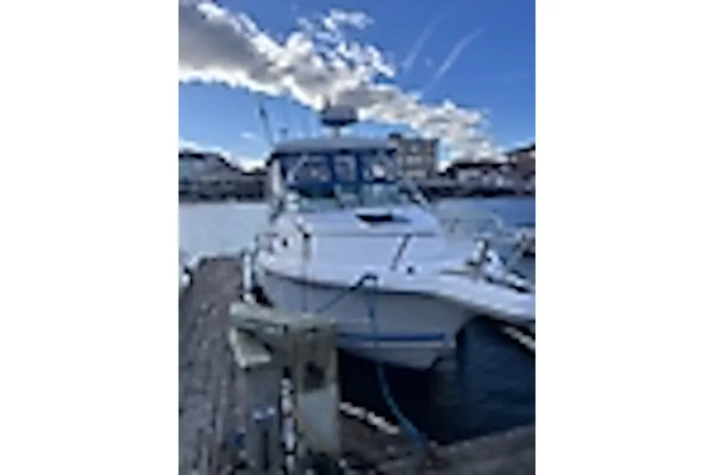 Slide: The Image of 2003 Triton 2690 WA boat docked at a marina under a blue sky. - 1