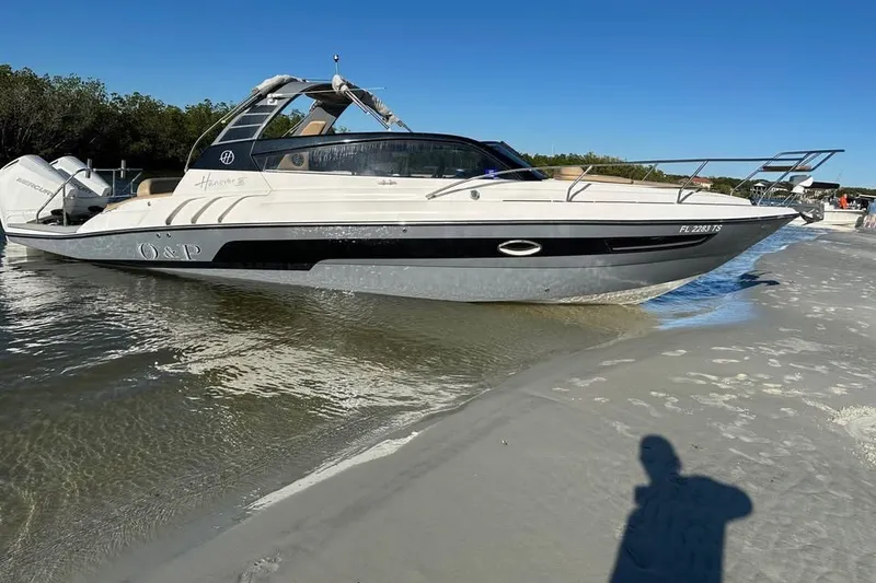 The Image of 2024 Hanover 305 boat on sandy shore with clear blue sky background. - 1