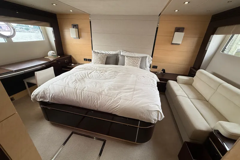 Slide: The Image of Luxurious bedroom interior of 2014 Sunseeker Predator 68 yacht with modern furnishings. - 48