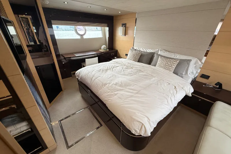 Slide: The Image of Luxurious bedroom interior of 2014 Sunseeker Predator 68 yacht with elegant furnishings. - 43