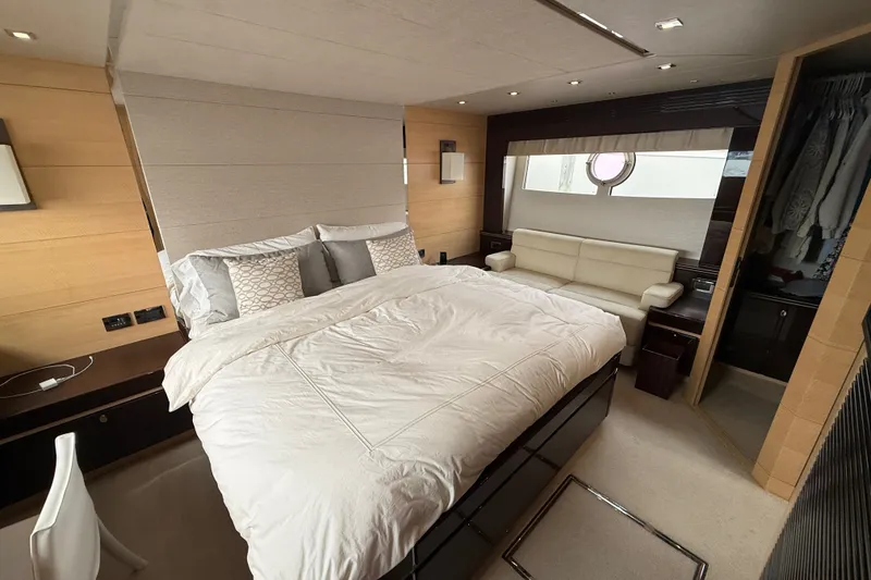 Slide: The Image of Luxurious bedroom interior of 2014 Sunseeker Predator 68 yacht with modern furnishings. - 40