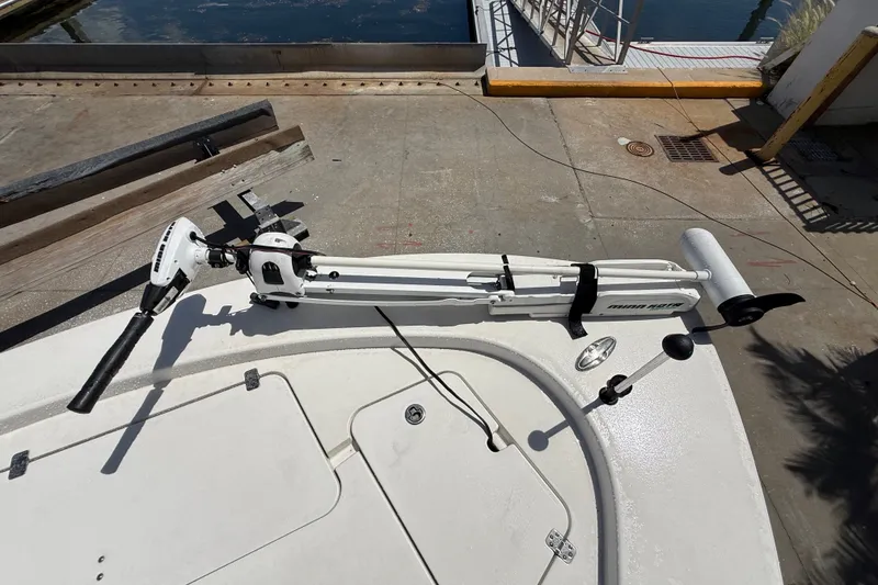 Slide: The Image of 2013 Sportsman Masters 227 Bay Boat with Minn Kota trolling motor on deck. - 10