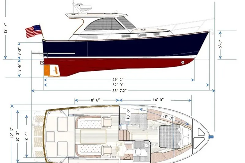 Slide: The Image of Side and top view of a 2007 Legacy 32 boat with detailed measurements. - 35