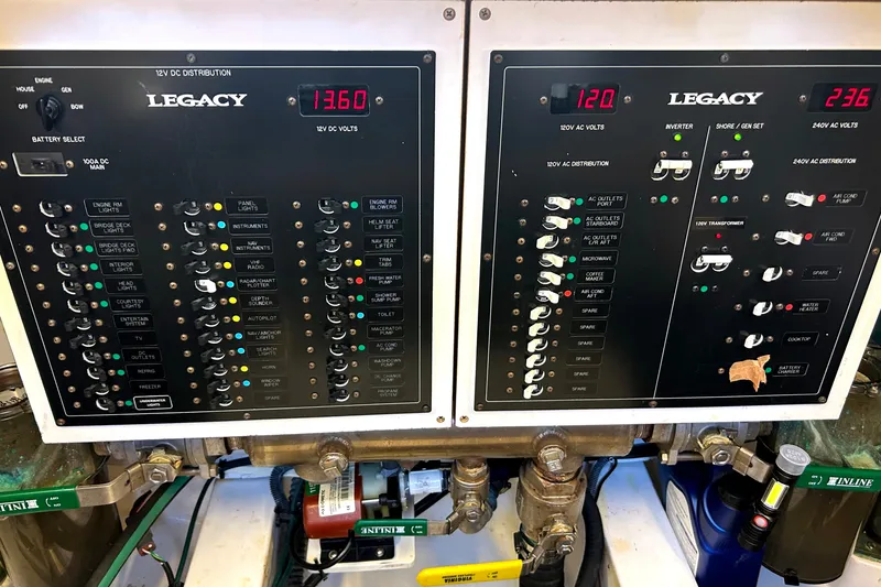 Slide: The Image of Electrical control panel of a 2007 Legacy 32 boat, showing voltage and distribution settings. - 34