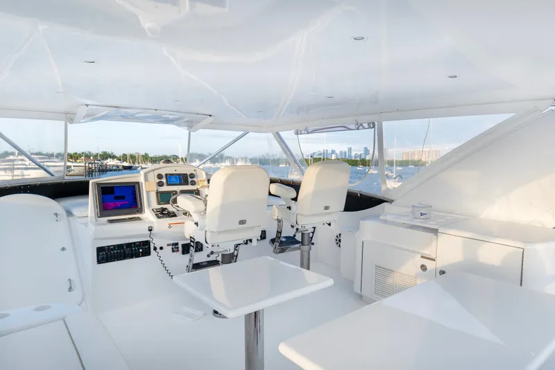 Slide: The Image of 2008 Hatteras 64 Motor Yacht helm with modern navigation equipment and panoramic views. - 20