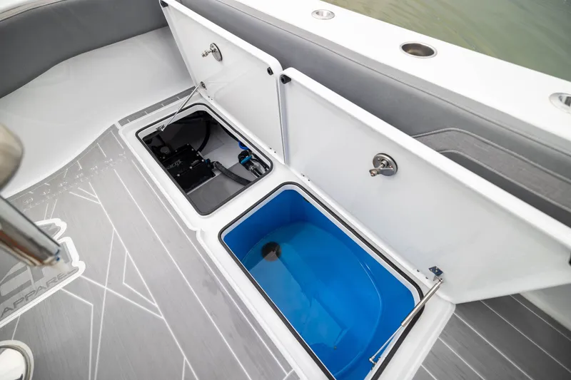 Slide: The Image of Freeman 42LR 2026 boat storage compartments with open hatches and blue interior. - 53