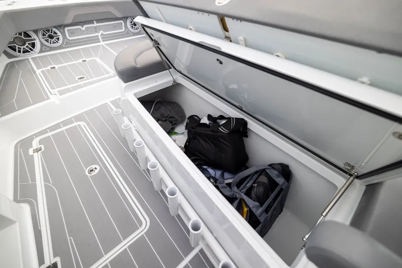 Slide: The Image of Open storage compartment on Freeman 42LR boat, showcasing interior space and gear storage. - 16