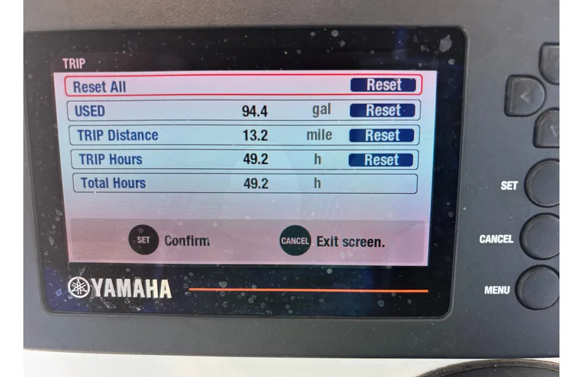 Slide: The Image of Yamaha trip display showing fuel usage, distance, and hours for May-Craft 2300 CCX boat. - 10
