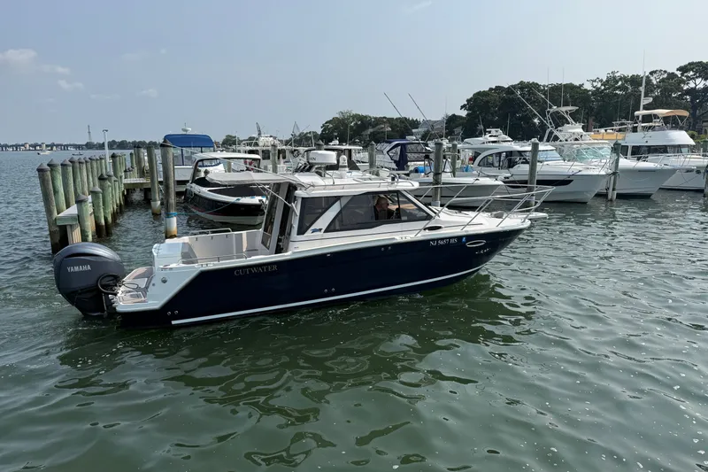 Slide: The Image of 2024 Cutwater C-248 Coupe docked at a marina with other boats. - 6