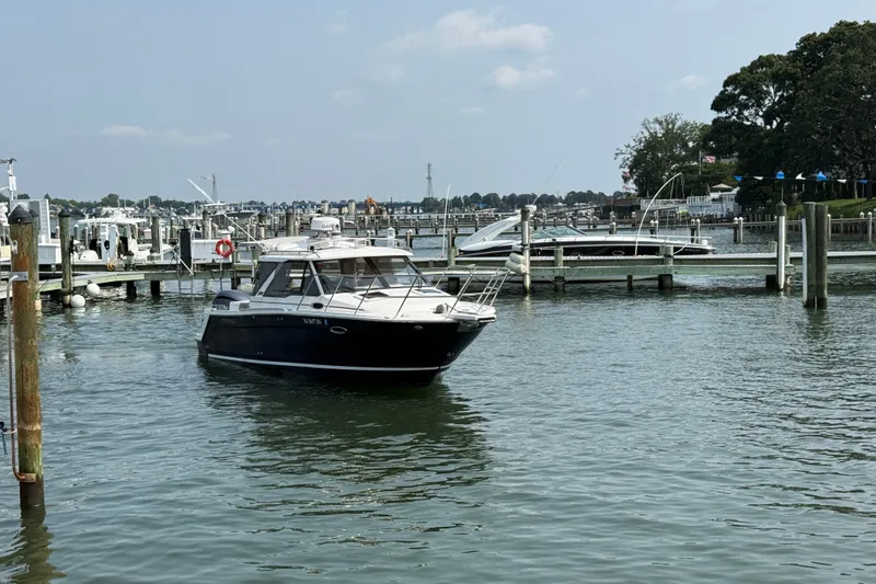 Slide: The Image of 2024 Cutwater C-248 Coupe boat docked in a marina on a sunny day. - 9