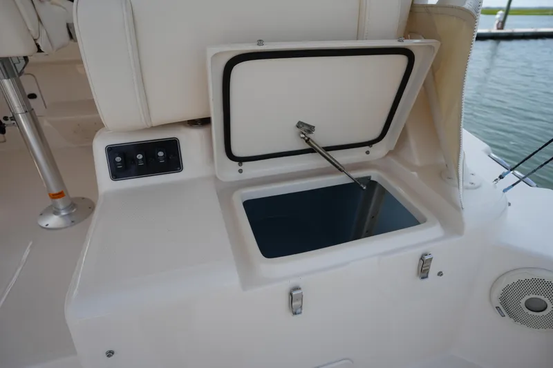 Slide: The Image of Open storage compartment on 2018 Grady-White Express 330 boat, featuring control panel and speaker. - 18