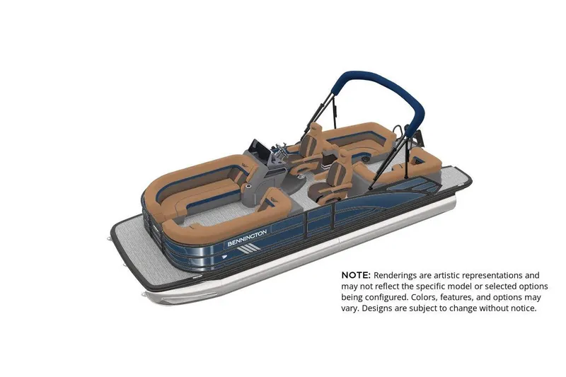 Slide: The Image of 2027 Bennington 24 M Quad Bench pontoon boat rendering with brown seating and blue accents. - 19
