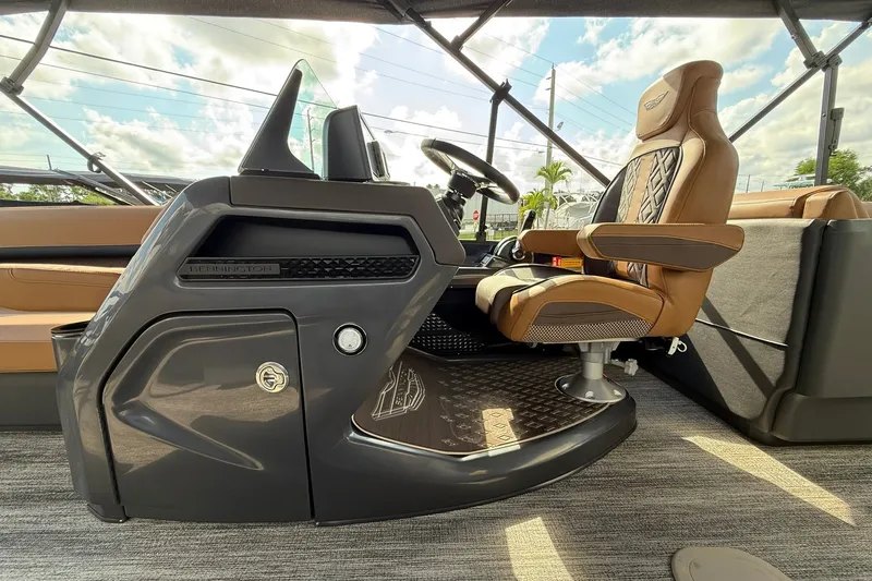 Slide: The Image of Luxurious interior of 2027 Bennington 24 M Quad Bench pontoon boat with plush seating. - 13