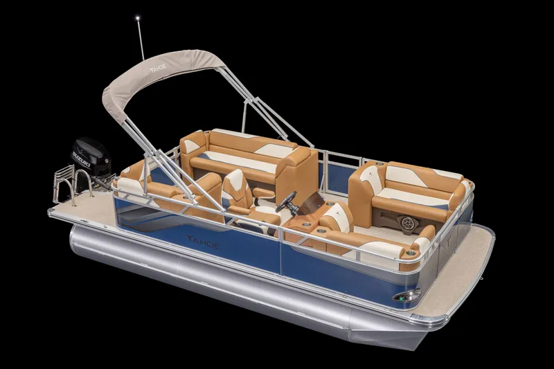 The Image of 2026 Tahoe Pontoon Sport Quad Lounger 21 with tan seating and canopy. - 0