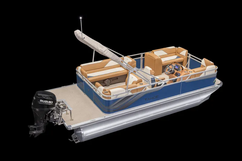 Slide: The Image of 2026 Tahoe Pontoon Sport Quad Lounger 21, blue and tan design, with Suzuki outboard motor. - 1