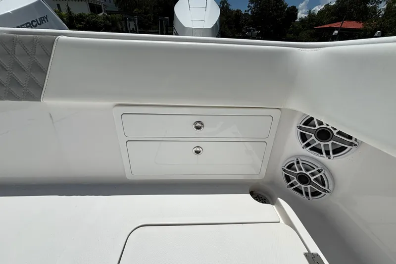 Slide: The Image of 2024 Invincible 33 Catamaran interior with storage compartments and speakers. - 49