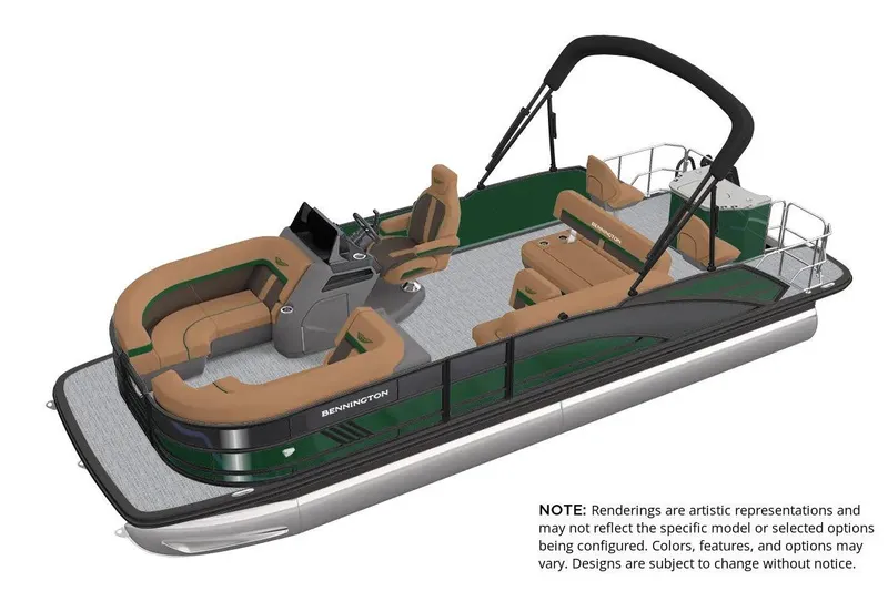 Slide: The Image of 2027 Bennington 24 M Fish and Cruise pontoon boat with tan seating and green accents. - 24