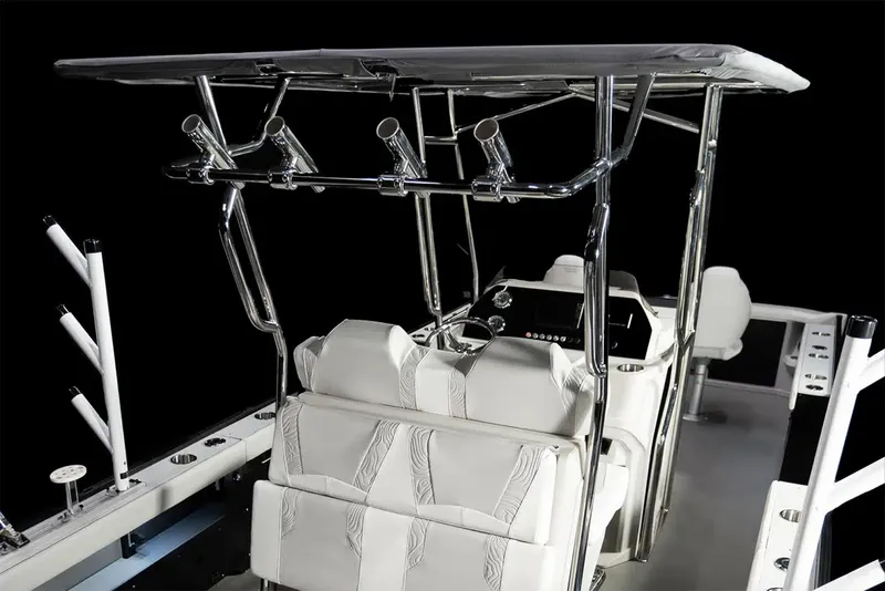 Slide: The Image of Manufacturer Provided Image: 2025 Tahoe Pontoon Geofish CLX boat interior with sleek seating and rod holders. - 4