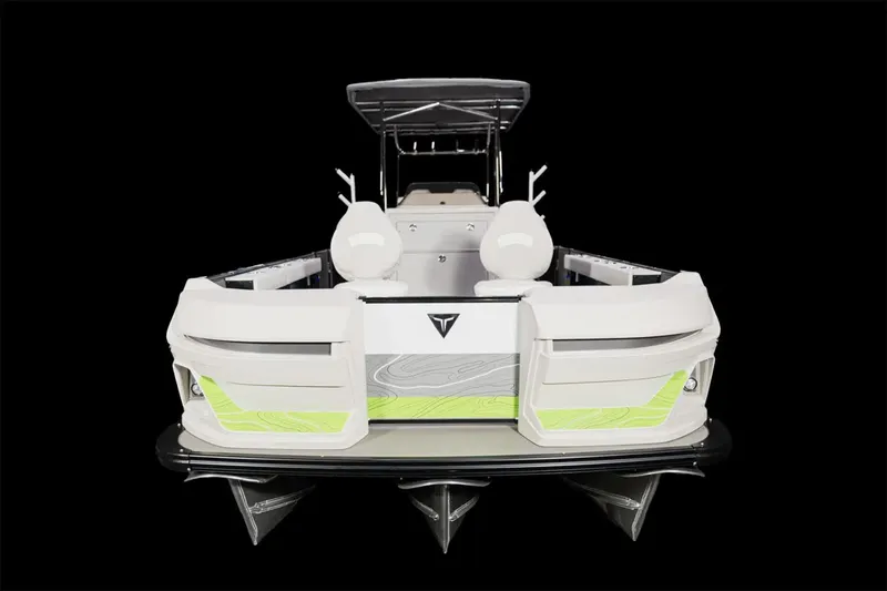 Slide: The Image of Manufacturer Provided Image: 2025 Tahoe Pontoon Geofish CLX, sleek design, front view, black background. - 1